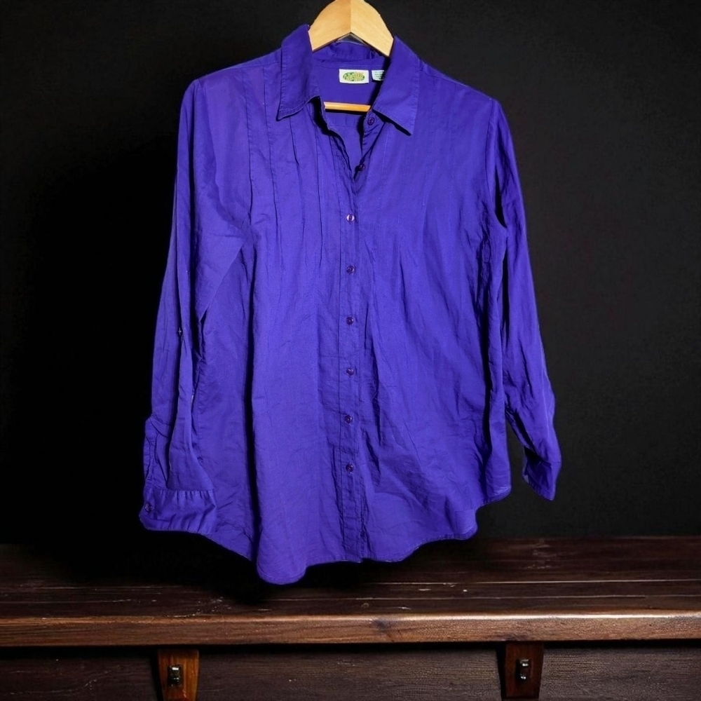 Collections Etc Sz L Pleated Purple Button-Up Shirt